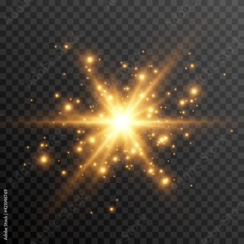 Golden light. A flash of light, a magical glow, particles of sparks. Sun, sun rays png. Light png. Vector image.