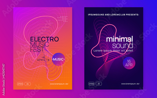 Neon dj flyer. Electro dance music. Electronic sound event. Club fest poster. Techno trance party.