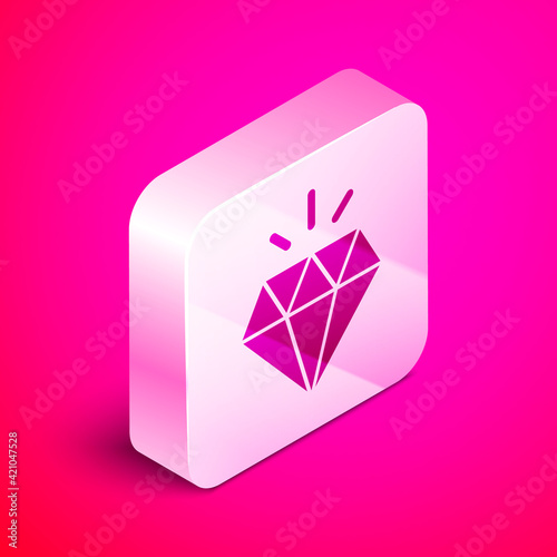 Isometric Diamond icon isolated on pink background. Jewelry symbol. Gem stone. Silver square button. Vector