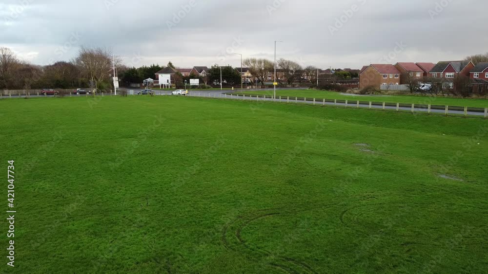 Drone shot of field and road Drone shot of field and road