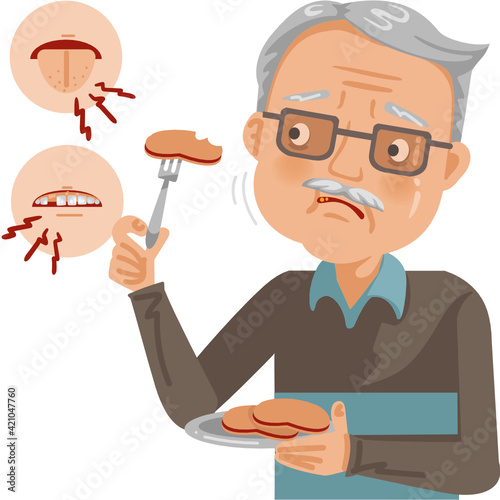 Elderly men anorexia. Old senior man Bored with food.Problems of tongue, mouth and dental health. Grandfather don't want to eat.Elderly bored eating.