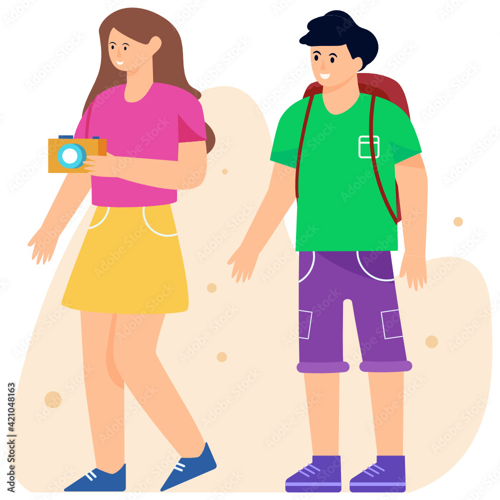 
Man and a woman with suitcase depicting travellers, flat illustration 

