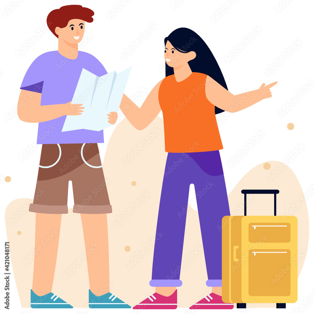 Man and a woman with suitcase depicting travellers, flat illustration
Man and a woman with suitcase depicting travellers, flat illustration