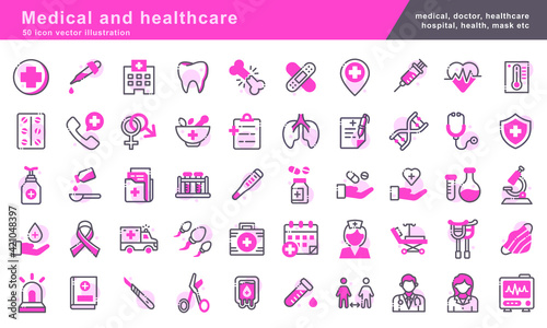 50 pink color Medical and healthcare icon set, Simple symbol collection, mask,protection,doctor,nurse,emergency and hospital vector illustration