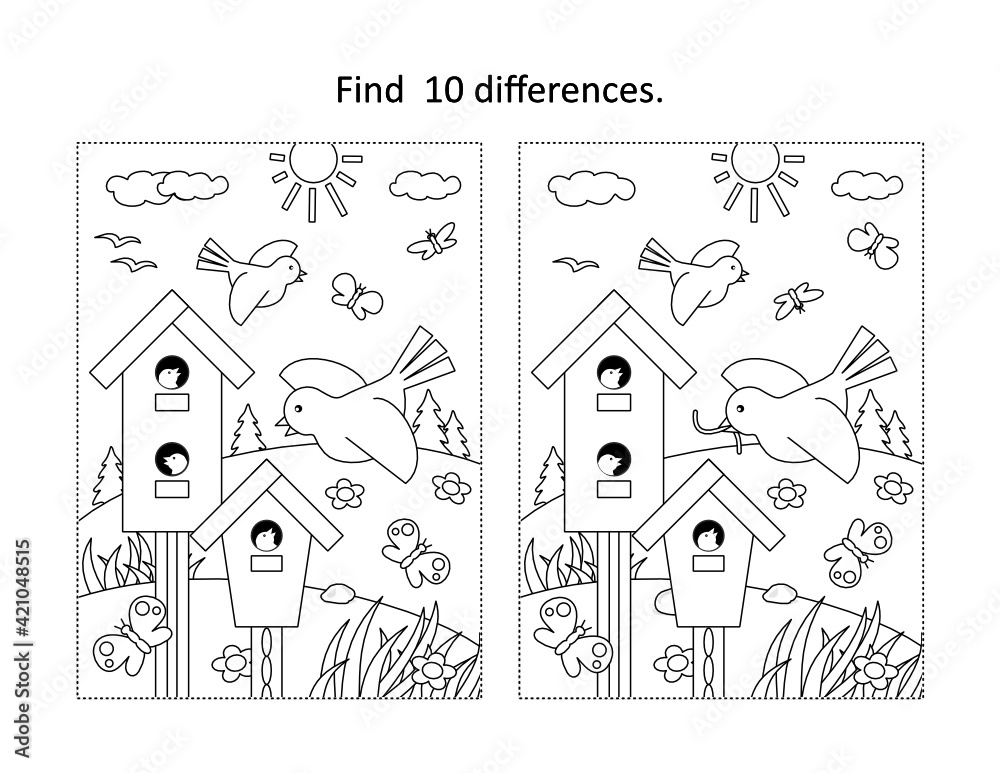 Find 10 differences visual puzzle and coloring page with birdhouses and ...