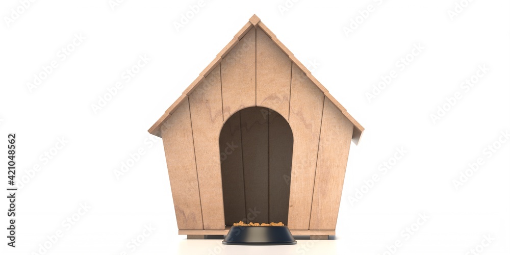 Dog house and dry food bowl isolated on white background wooden