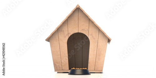 Dog house and dry food bowl isolated on white background, wooden shelter for pet home. 3d illustration