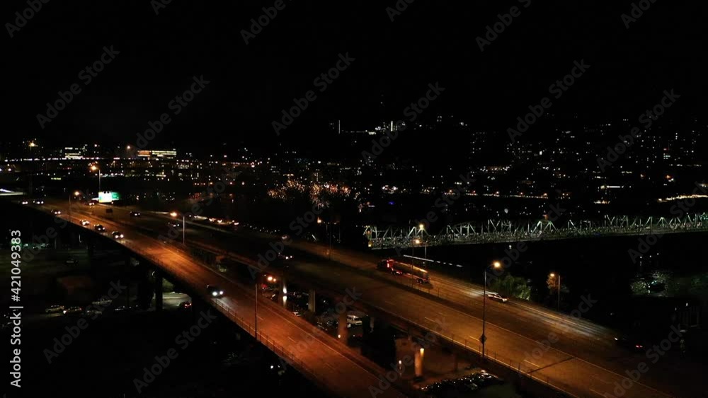 Drone view of Portland's 4th of July Fireworks Show and traffic on highway Drone view of Portland's 4th of July Fireworks Show and traffic on highway