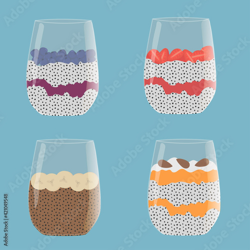 Chia pudding illustration set. Fruit and berries healthy desserts. Healthy breakfasts
