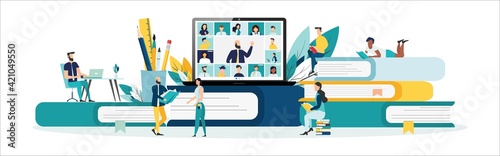 Home education concept. People study at home using a computer. Remote working. Video conference on laptop computer. Work from home and work from anywhere conceptVector illustration