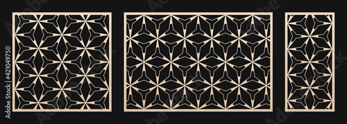 Laser cut patterns set. Vector templates with abstract geometric ornament, thin lines, triangles, hexagon grid. Decorative stencil for laser cutting of wood, metal, plastic. Aspect ratio 1:1, 3:2, 1:2