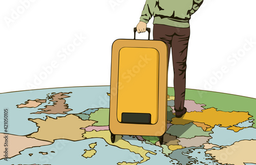 A girl with a yellow suitcase on wheels walks along the map of Europe. Refugee, tourism, migration, emigration and vacation concept. Vector image, illustration,copy space on white background.Back view