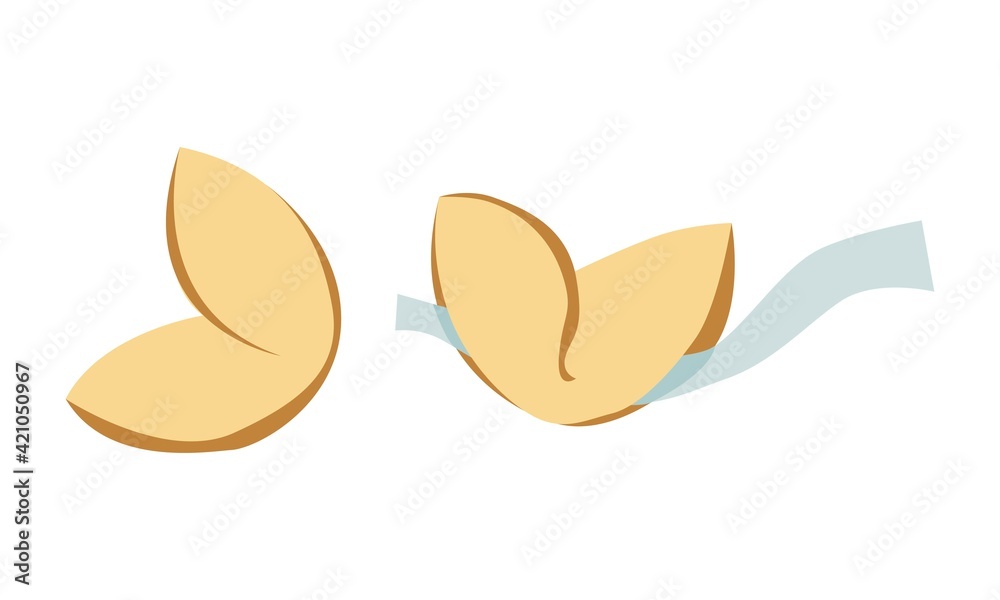 Chinese dessert. Fortune cookies with a prediction or wish. Vector illustration in color.