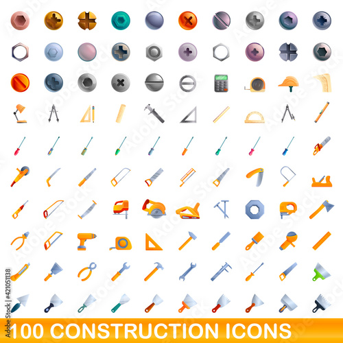 100 construction icons set. Cartoon illustration of 100 construction icons vector set isolated on white background