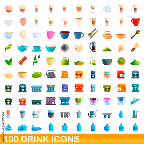 100 drink icons set. Cartoon illustration of 100 drink icons vector set isolated on white background