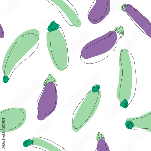 Zucchini eggplant seamless pattern. Simple flat hand drawn background vector design template. Healthy vegan food