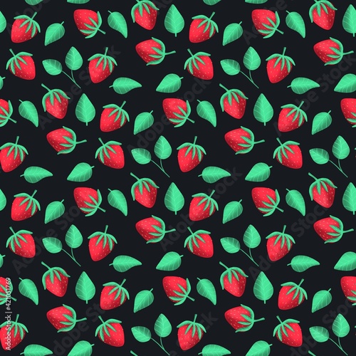 red Strawberry seamless pattern. Red berry. Texture for fabric, wrapping, wallpaper. Food print for kitchen tablecloth, curtain or dishcloth. Hand drawn doodle wallpaper. Strawberry background photo