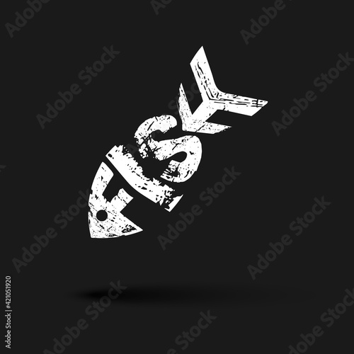 White fish on a dark background Lettering grunge texture in the word fom fish Modern art pattern creative design elements for layout banners posters menu covers Gothic fish icon Vector graphics
