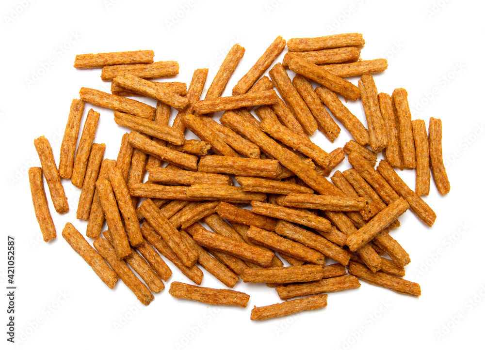 long sticks of bread croutons on a white background