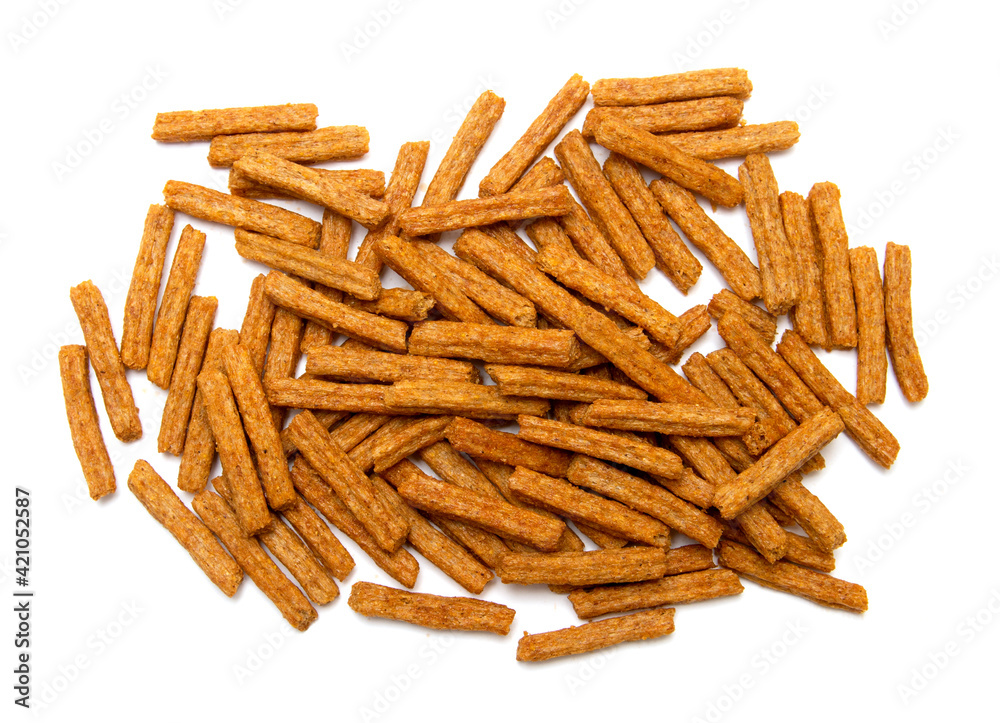 long sticks of bread croutons on a white background long sticks of bread croutons on a white background