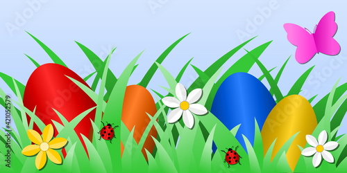 Pâques avec Oeufs, Coccinelles, Fleurs et Papillon