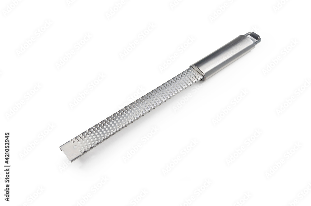 Stainless steel small fine grater isolated on white background. Grater for grating cheese, nutmeg, garlic, horseradish, zest. Kitchen utensil.