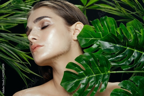 woman palms exotic tropics makeup beautiful model