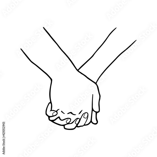 drawing of two holding hands to the middle of the forearm - vector sketch drawn by hand. Realistic vector illustration of intertwined fingers