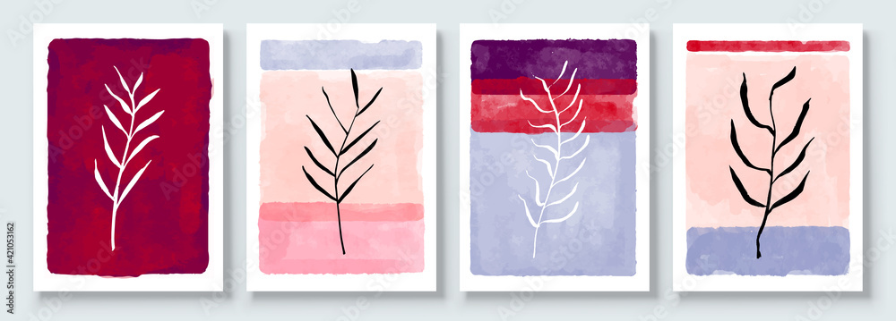 Minimalistic Watercolor Painting Artwork. Earth Tone Boho Foliage Line Art Drawing with Abstract Shape. Set of Creative Abstract Hand Painted Illustrations for Postcard, Social Media Banner