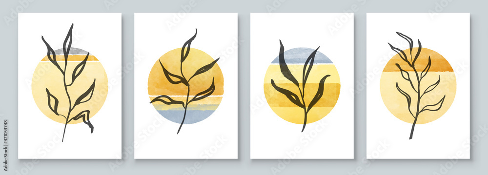 Minimalistic Watercolor Painting Artwork. Earth Tone Boho Foliage Line Art Drawing with Abstract Shape. Set of Creative Abstract Hand Painted Illustrations for Postcard, Social Media Banner