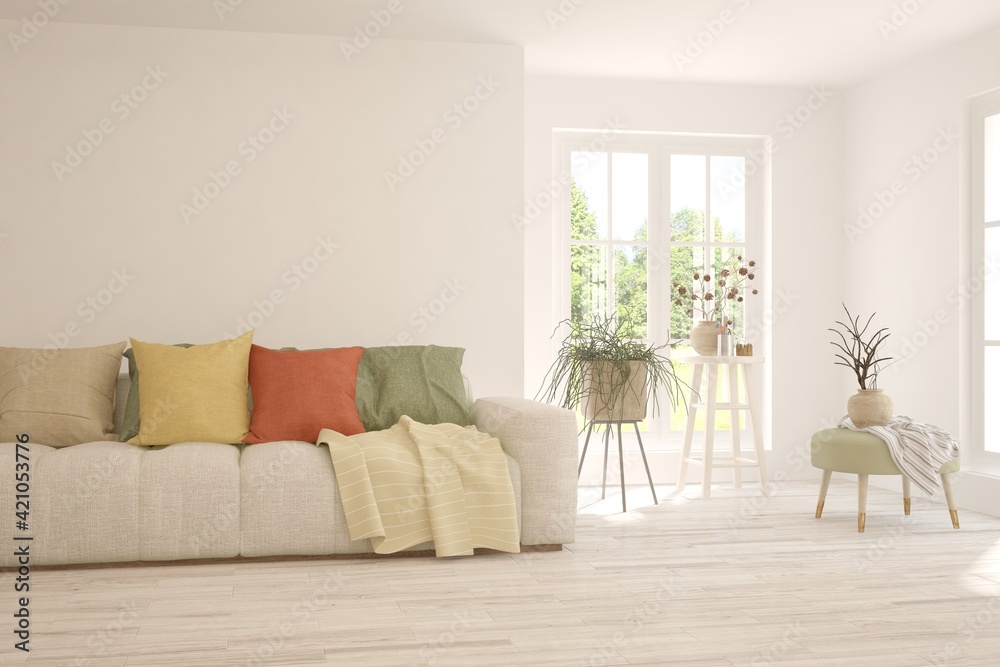 Obraz premium Modern living room in white color with sofa. Scandinavian interior design. 3D illustration