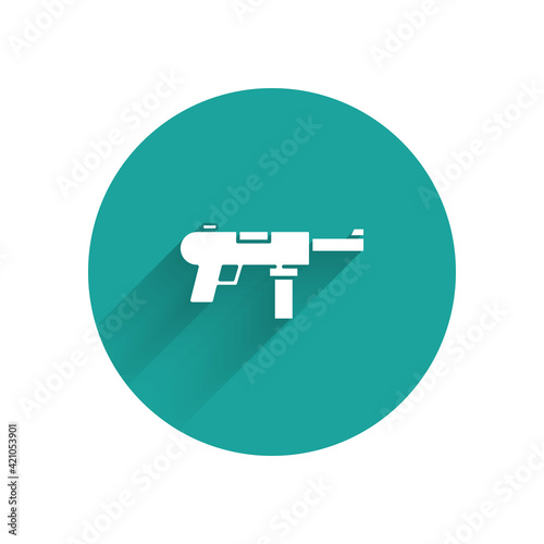 White Submachine gun M3, Grease gun icon isolated with long shadow. Green circle button. Vector