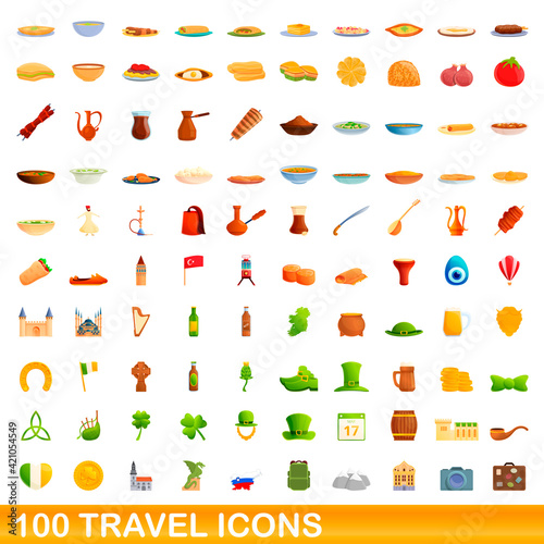 100 travel icons set. Cartoon illustration of 100 travel icons vector set isolated on white background