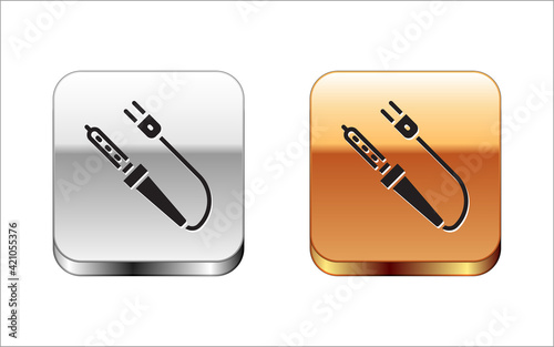 Black Soldering iron icon isolated on white background. Silver-gold square button. Vector