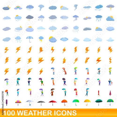 100 weather icons set. Cartoon illustration of 100 weather icons vector set isolated on white background