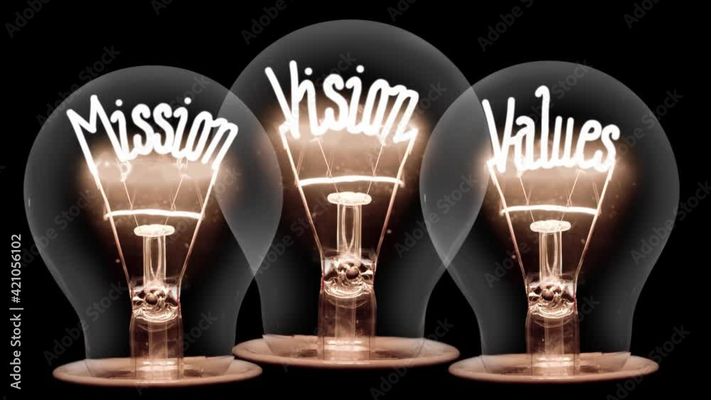 Light bulbs going from dark to light with Mission, Vision and Values fiber text on black background. High quality 4k video