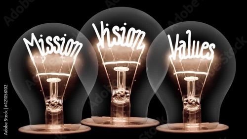 Light bulbs going from dark to light with Mission, Vision and Values fiber text on black background. High quality 4k video