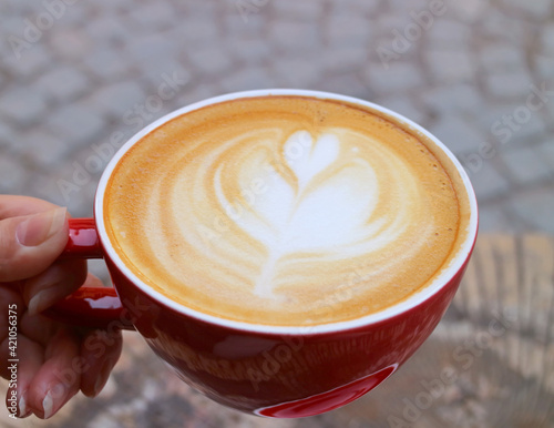 Closeup a Cup of Hot Cappuccino Coffee in Woman's Hand