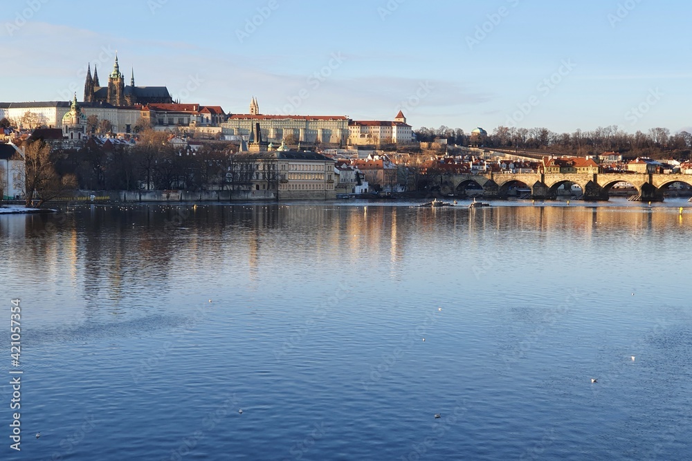 Prague, view of Prague Castle from the opposite bank of the Vltava River.