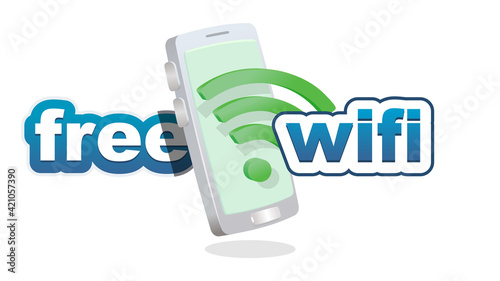 free wifi. clean wifi symbol and text in front of smartphone 3D - three dimensional for wifi connection concept vector illustration.