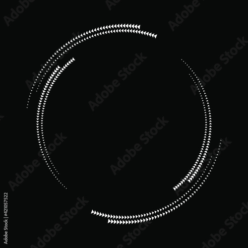 White abstract tiny arrowhead in circle form. Halftone dots. Trendy design element for border frame, logo, blackout tattoo, symbol, web, prints, posters, template, pattern and abstract background