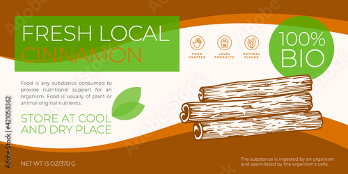 Fresh Local Spices Label Template. Abstract Vector Packaging Horizontal Design Layout. Modern Typography Banner with Hand Drawn Cinnamon Sticks Sketch Silhouette Background. Isolated