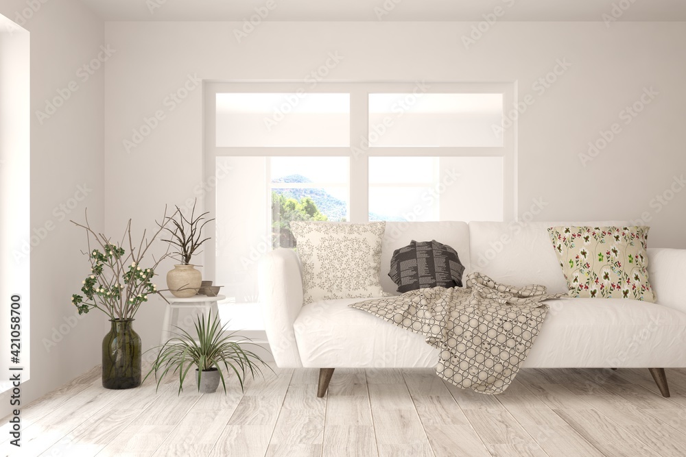 Fototapeta premium White living room with sofa. Scandinavian interior design. 3D illustration