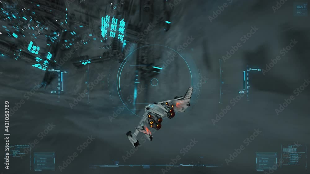 3d fake Video Game. The spacecraft flies through the moon station. Hud. loop.
