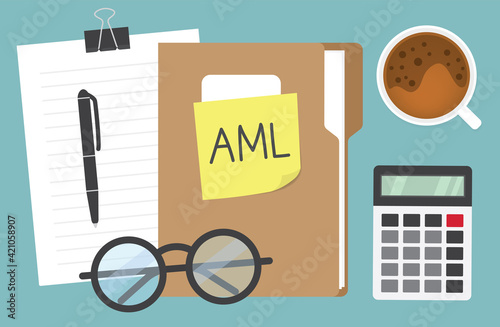 AML (Anti-money laundering) written on yellow sticky note on file folder - vector illustration