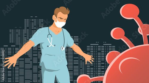 Doctor man saves city from coronavirus. Courageous hero. Vector cartoon illustration concept