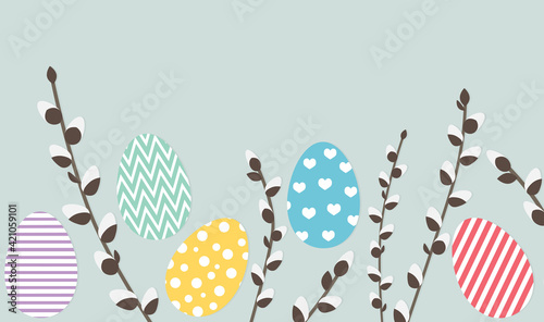 colorful easter eggs and pussy willow with copy space- vector illustration