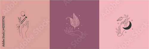 Vector set of hand drawn linear hands holding leaves, plants, flowers, moon. Modern illustrations, logo minimalist templates. Beauty occult logo collection with hand, rose, moon, leaves