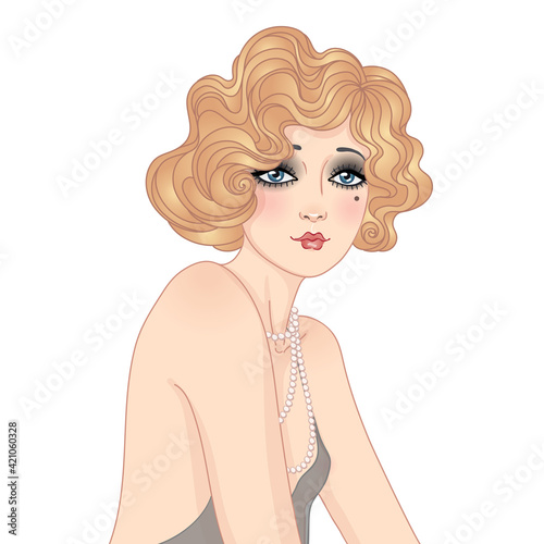 Art Deco vintage invitation template design with illustration of flapper girl. Retro party character in 1920 s style. Vector for glamour event, thematic wedding or jazz party.