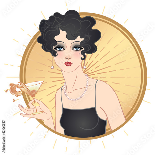 Flapper girl holding cocktail glass with splash. Art deco, 1920 s style vintage invitation template design for drink list, bar menu, glamour event, wedding, jazz party flyer. Vector art.